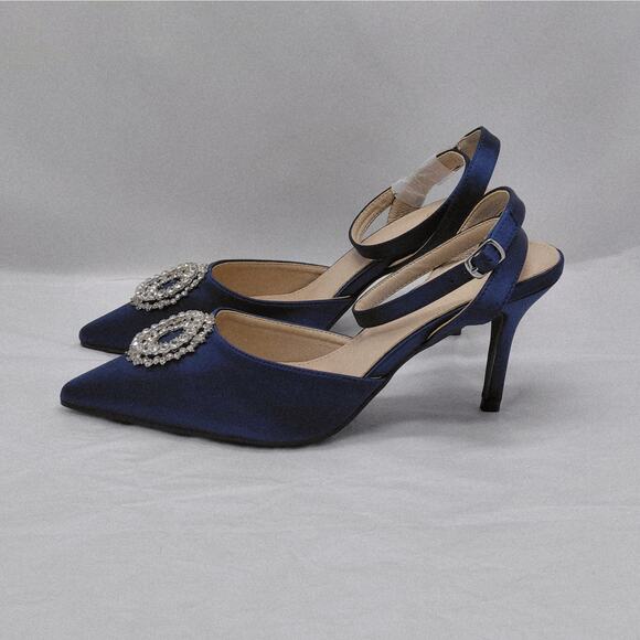 Perphy Womens Heels Size 10 Blue Satin Rhinestone Slingback Cocktail Pumps Shoe - Picture 2 of 12